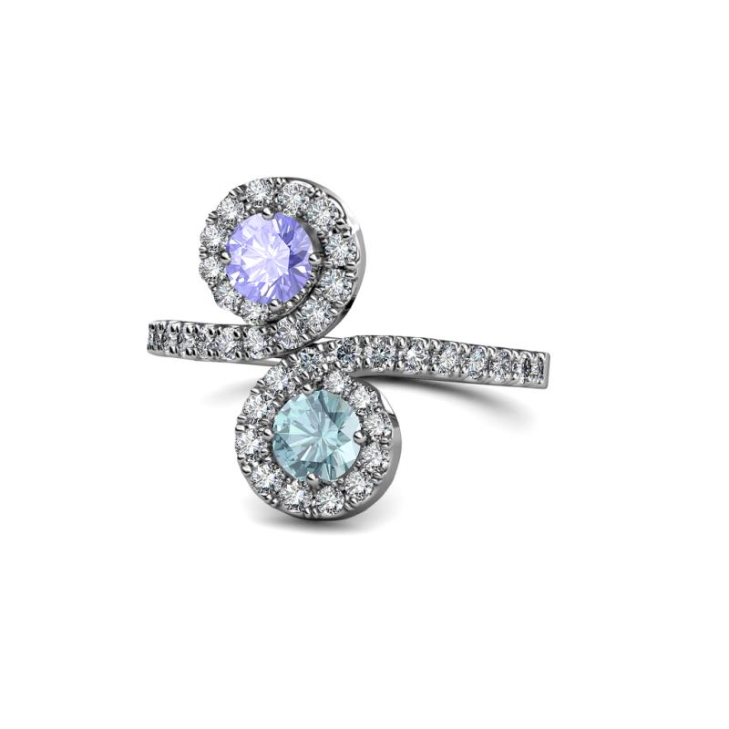 Kevia Tanzanite and Aquamarine with Side Diamonds Bypass Ring 