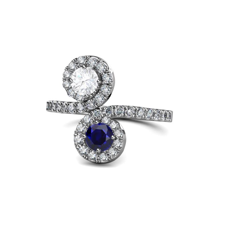 Kevia White and Blue Sapphire with Side Diamonds Bypass Ring 