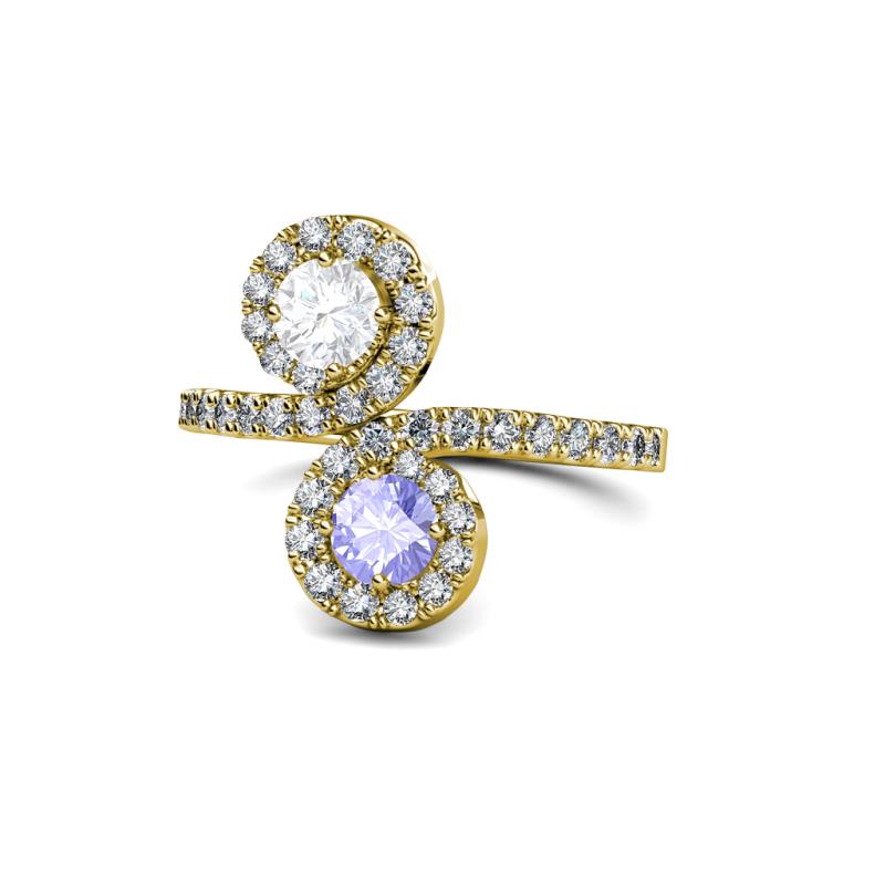 Kevia White Sapphire and Tanzanite with Side Diamonds Bypass Ring 