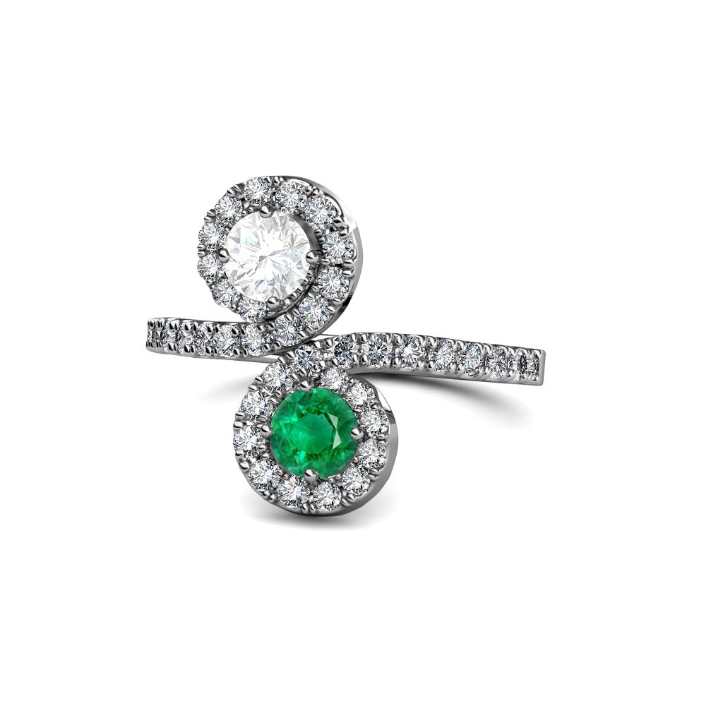 Kevia White Sapphire and Emerald with Side Diamonds Bypass Ring 