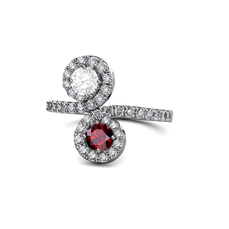 Kevia White Sapphire and Ruby with Side Diamonds Bypass Ring 