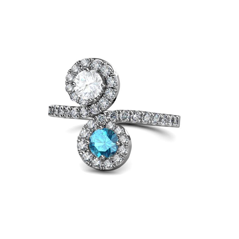 Kevia White Sapphire and London Blue Topaz with Side Diamonds Bypass Ring 