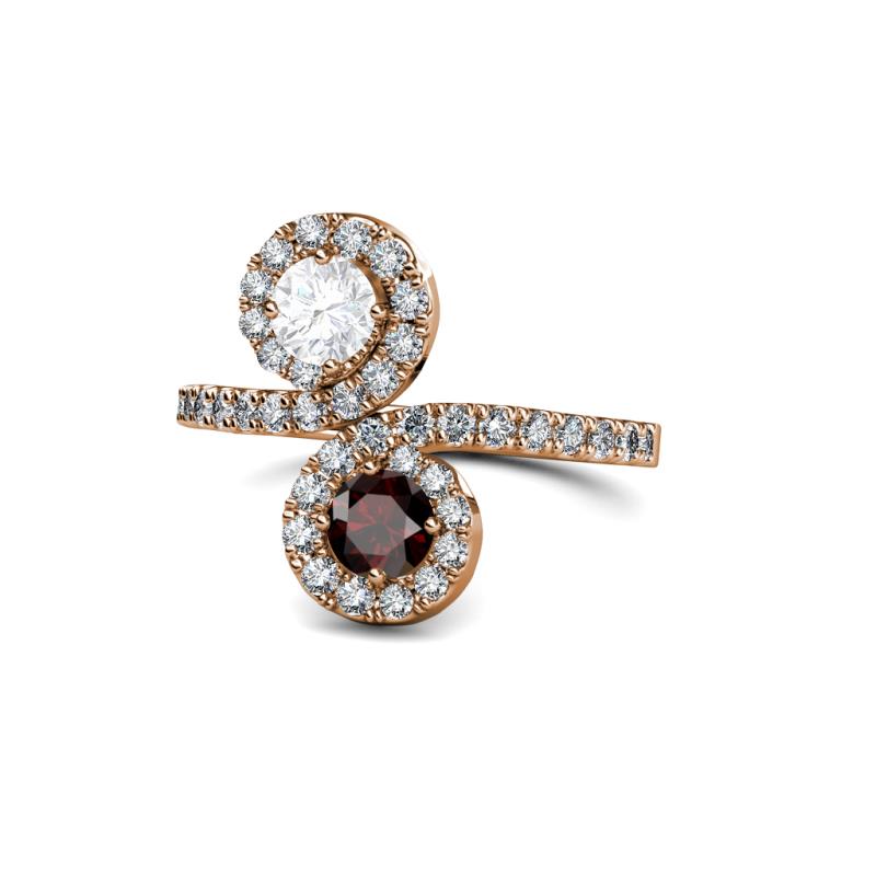 Kevia White Sapphire and Red Garnet with Side Diamonds Bypass Ring 
