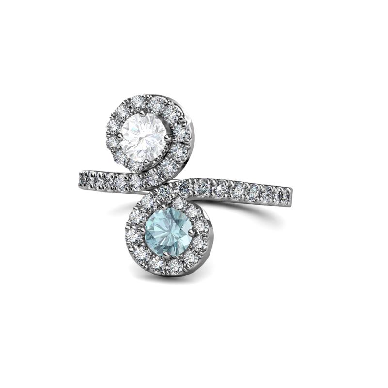 Kevia White Sapphire and Aquamarine with Side Diamonds Bypass Ring 