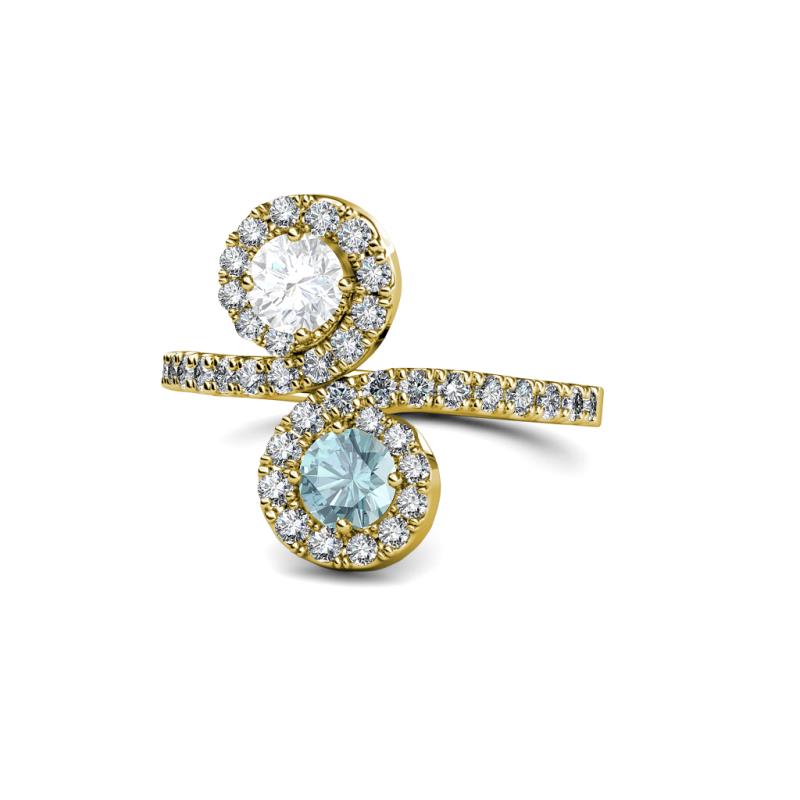 Kevia White Sapphire and Aquamarine with Side Diamonds Bypass Ring 