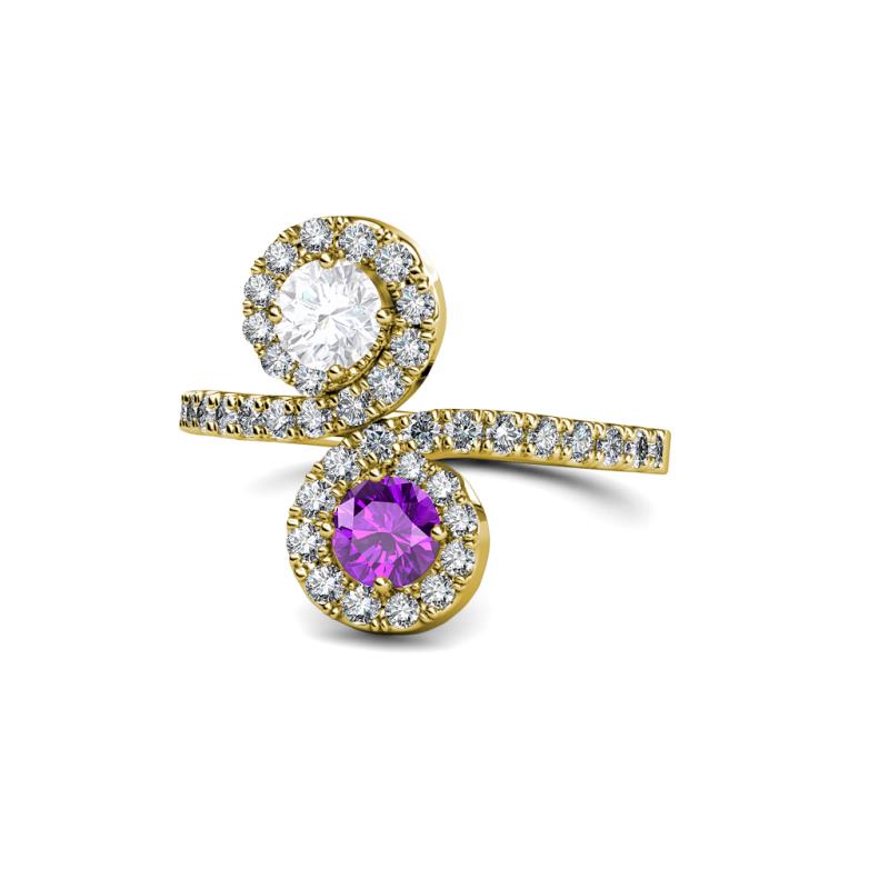 Kevia White Sapphire and Amethyst with Side Diamonds Bypass Ring 