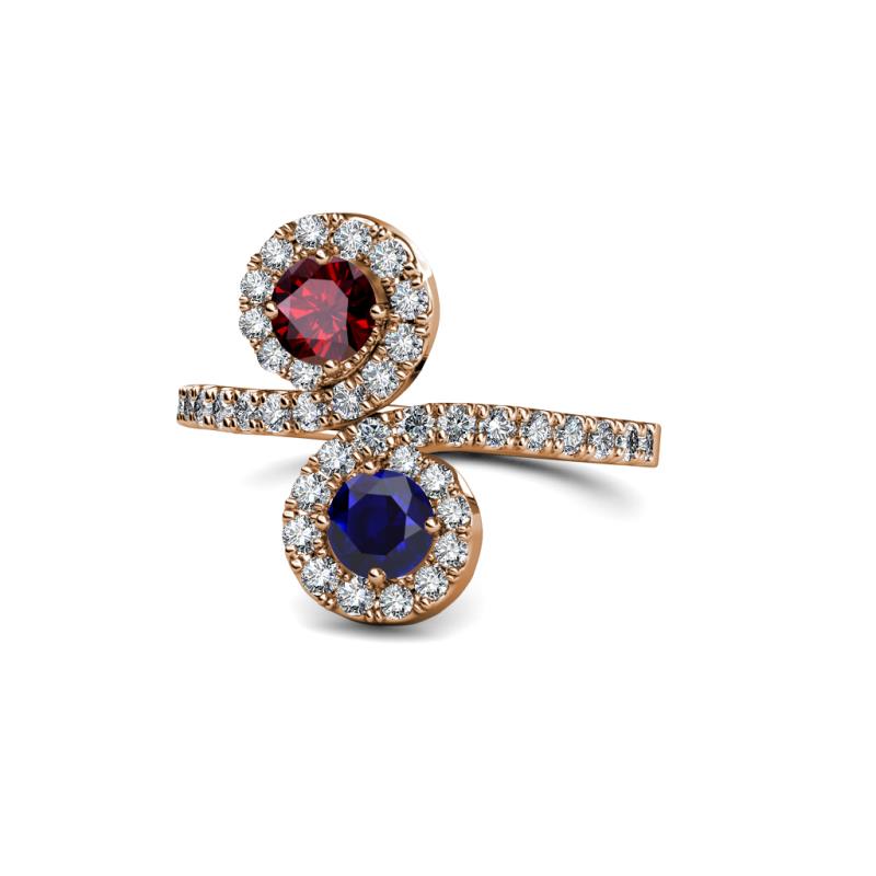 Kevia Ruby and Blue Sapphire with Side Diamonds Bypass Ring 