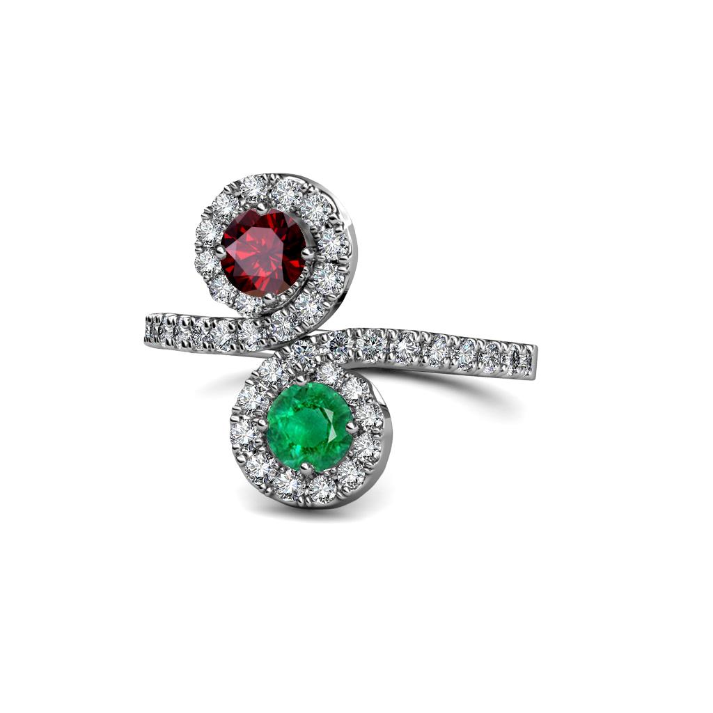 Kevia Ruby and Emerald with Side Diamonds Bypass Ring 