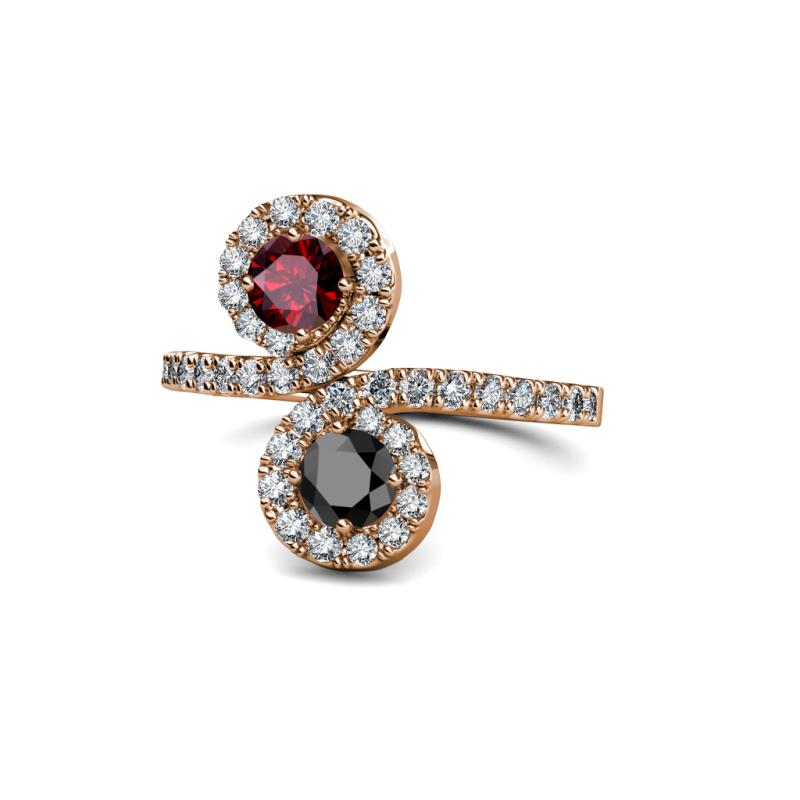 Kevia Ruby and Black Diamond with Side Diamonds Bypass Ring 