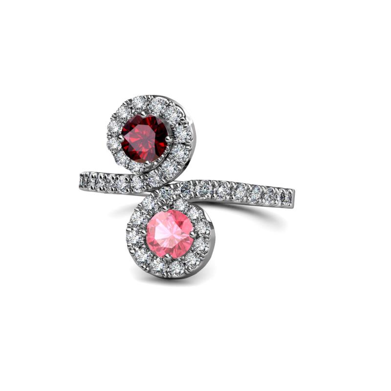 Kevia Ruby and Pink Tourmaline with Side Diamonds Bypass Ring 