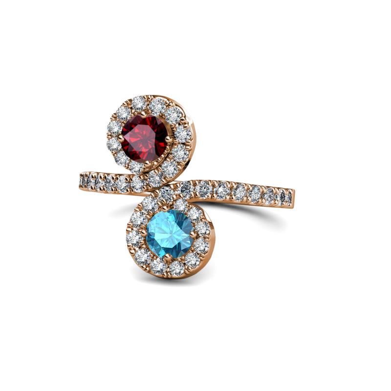 Kevia Ruby and London Blue Topaz with Side Diamonds Bypass Ring 