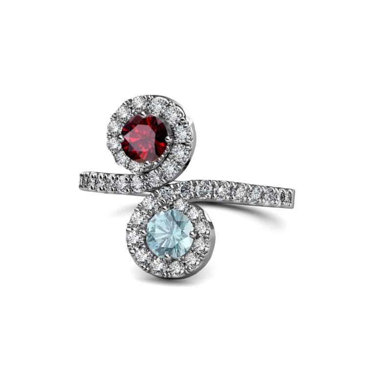 Kevia Ruby and Aquamarine with Side Diamonds Bypass Ring 