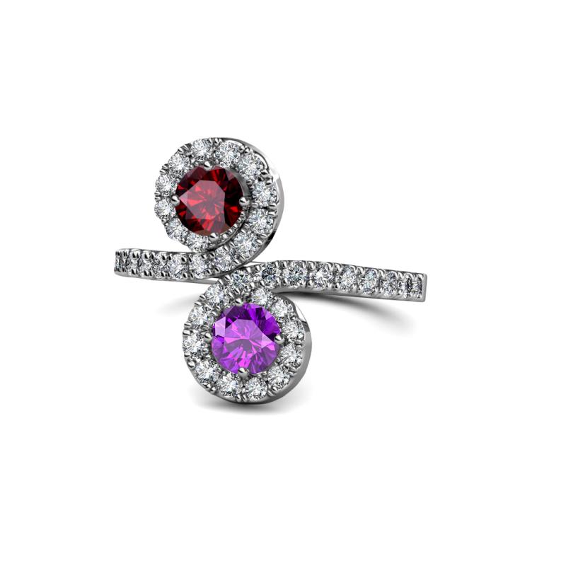 Kevia Ruby and Amethyst with Side Diamonds Bypass Ring 