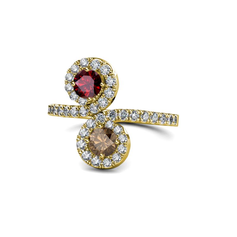 Kevia Ruby and Smoky Quartz with Side Diamonds Bypass Ring 
