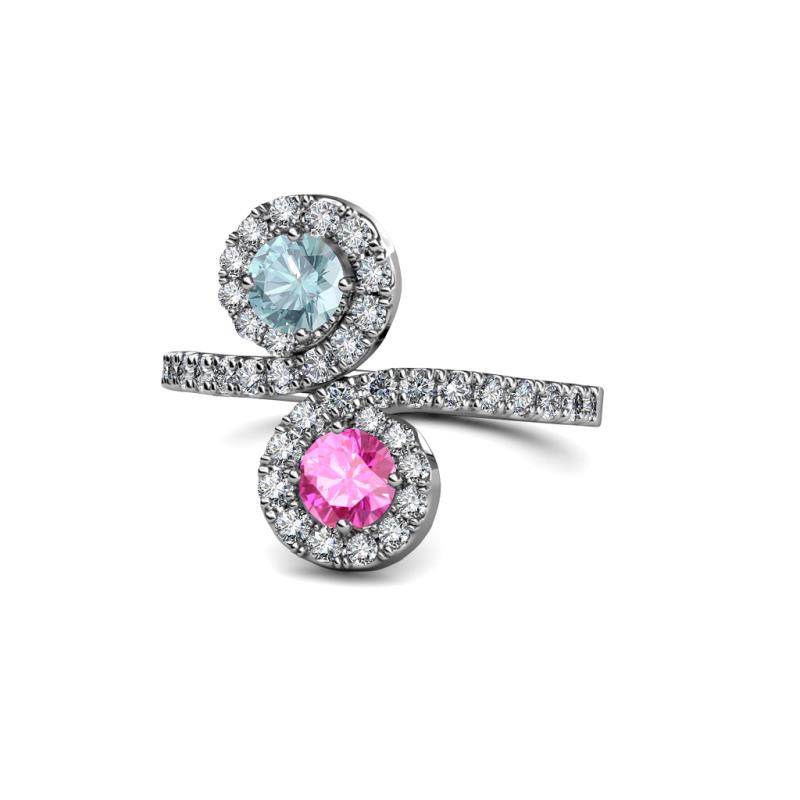 Kevia Aquamarine and Pink Sapphire with Side Diamonds Bypass Ring 