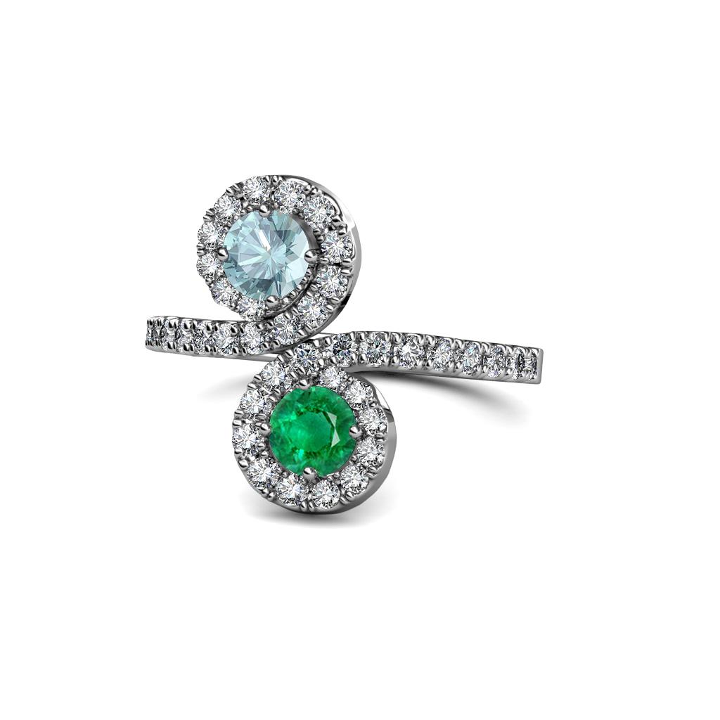 Kevia Aquamarine and Emerald with Side Diamonds Bypass Ring 