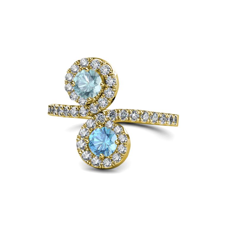 Kevia Aquamarine and Blue Topaz with Side Diamonds Bypass Ring 