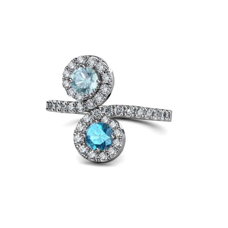 Kevia Aquamarine and London Blue Topaz with Side Diamonds Bypass Ring 