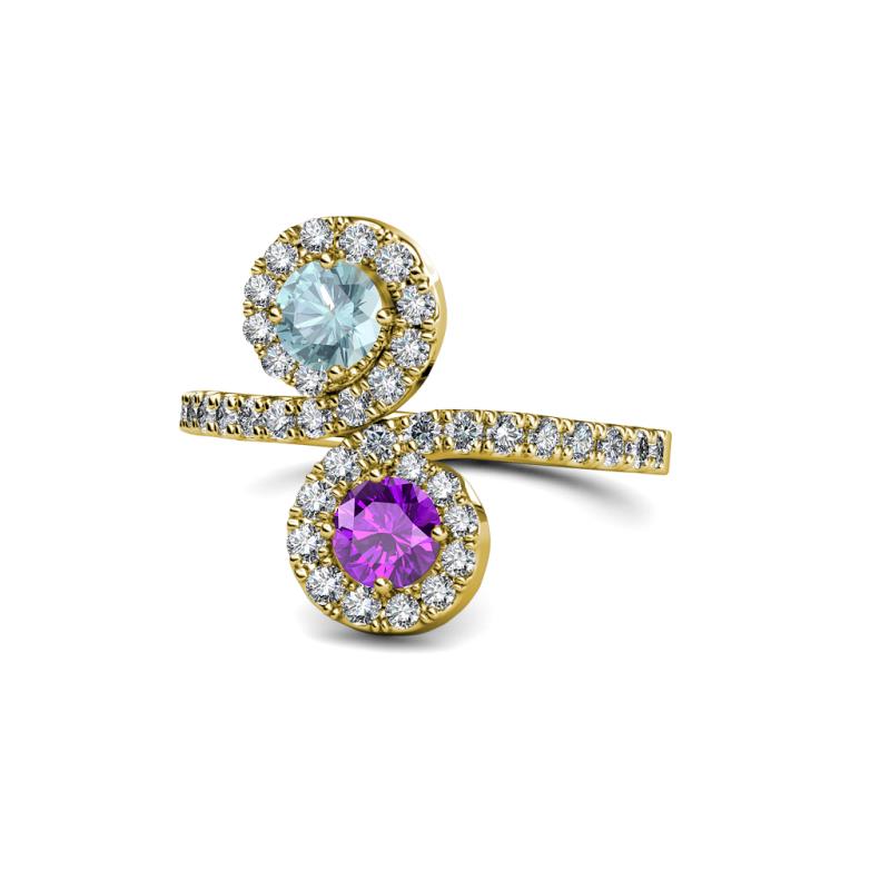 Kevia Aquamarine and Amethyst with Side Diamonds Bypass Ring 