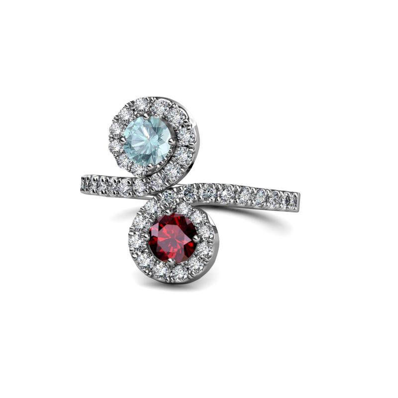 Kevia Aquamarine and Ruby with Side Diamonds Bypass Ring 
