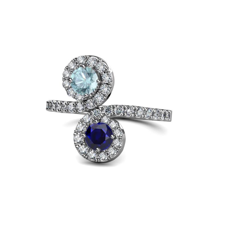 Kevia Aquamarine and Blue Sapphire with Side Diamonds Bypass Ring 