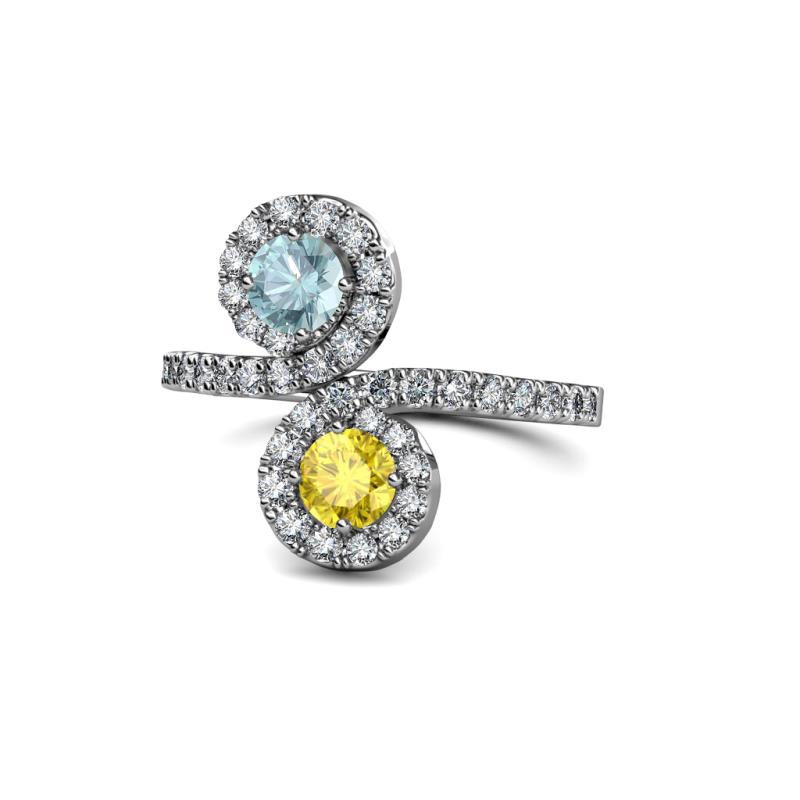Kevia Aquamarine and Yellow Sapphire with Side Diamonds Bypass Ring 