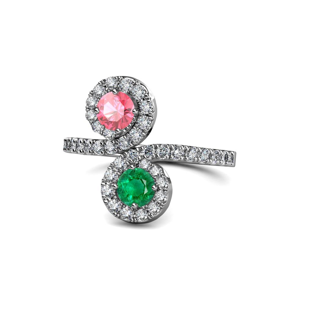 Kevia Pink Tourmaline and Emerald with Side Diamonds Bypass Ring 