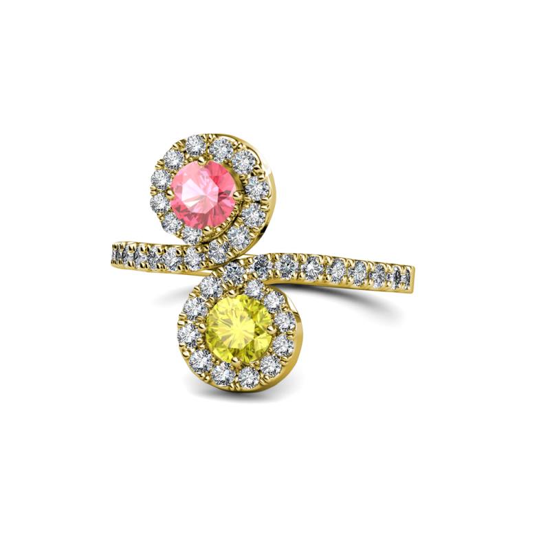 Kevia Pink Tourmaline and Yellow Diamond with Side Diamonds Bypass Ring 