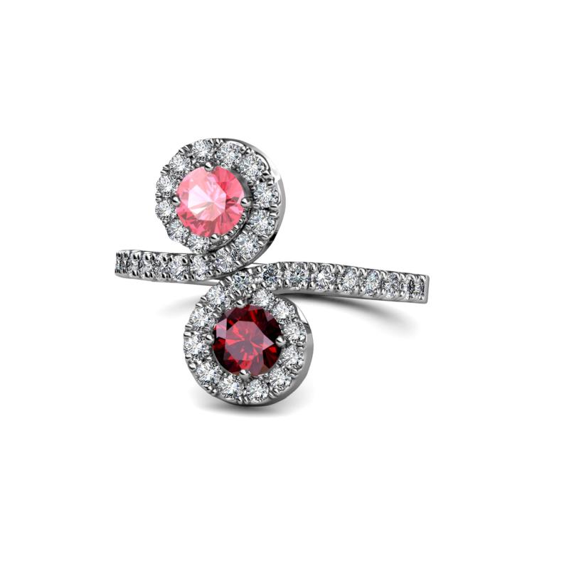 Kevia Pink Tourmaline and Ruby with Side Diamonds Bypass Ring 