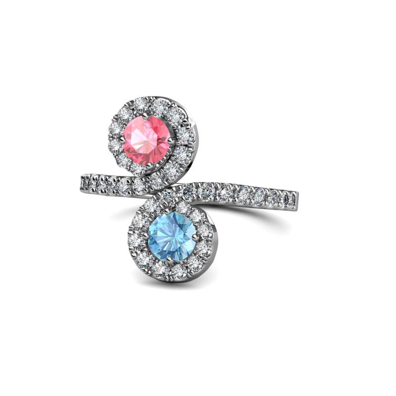 Kevia Pink Tourmaline and Blue Topaz with Side Diamonds Bypass Ring 