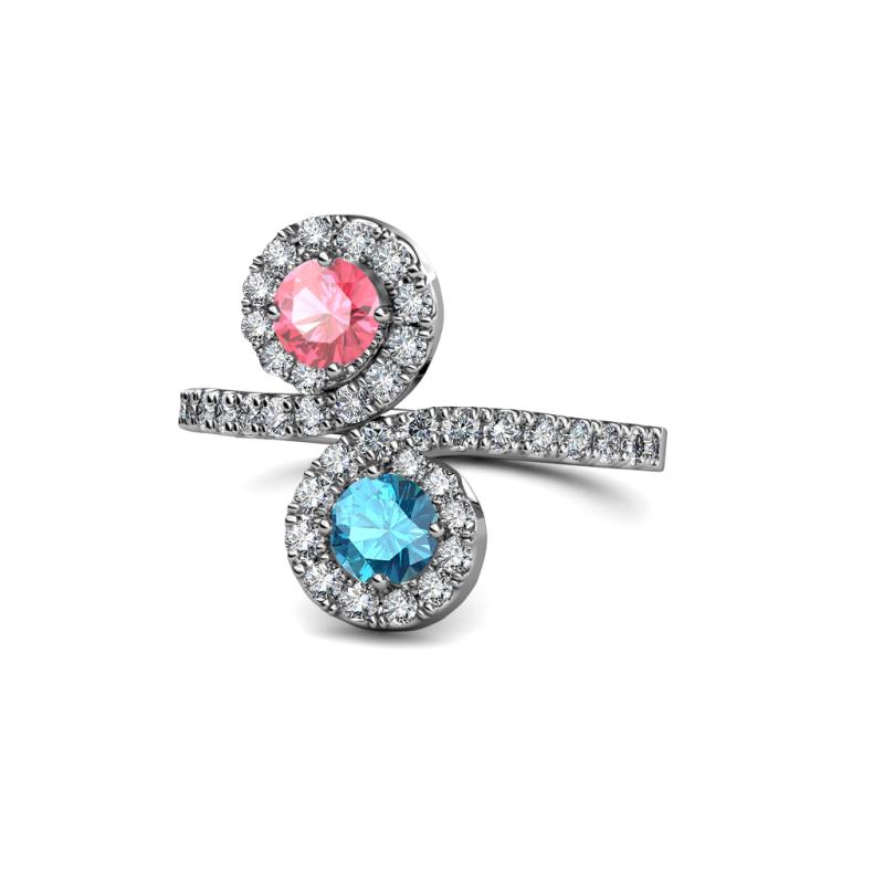 Kevia Pink Tourmaline and London Blue Topaz with Side Diamonds Bypass Ring 