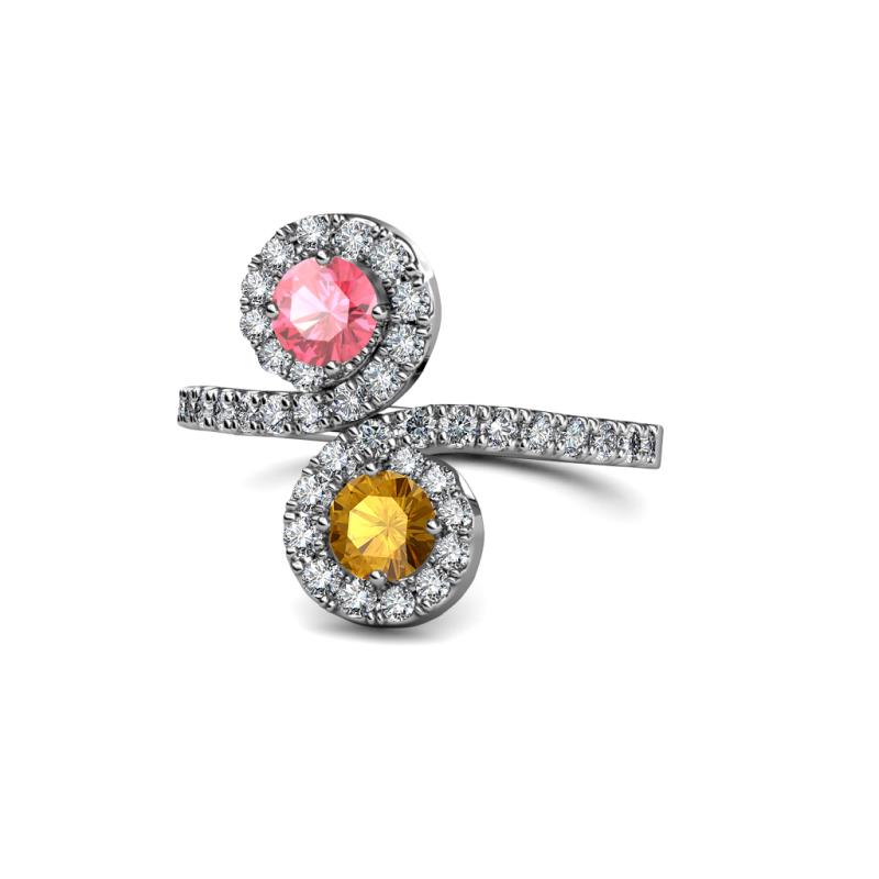 Kevia Pink Tourmaline and Citrine with Side Diamonds Bypass Ring 