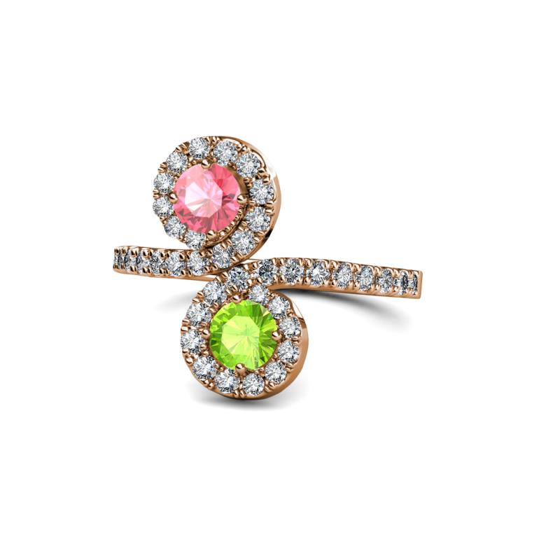 Kevia Pink Tourmaline and Peridot with Side Diamonds Bypass Ring 