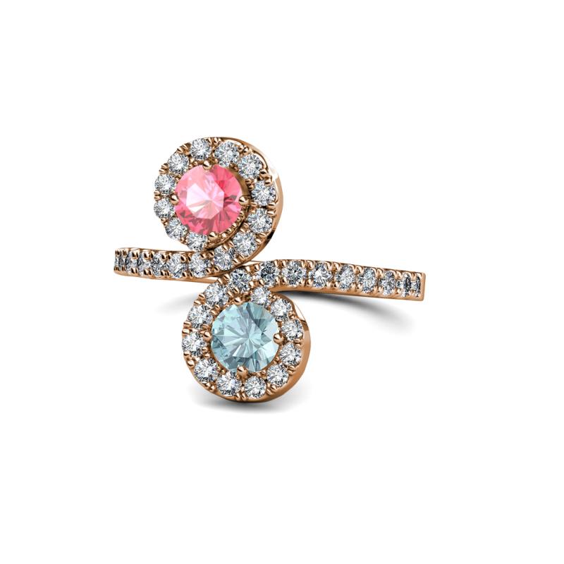 Kevia Pink Tourmaline and Aquamarine with Side Diamonds Bypass Ring 