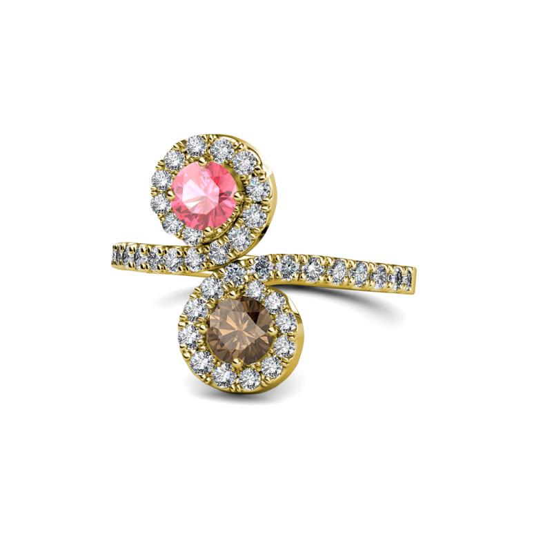 Kevia Pink Tourmaline and Smoky Quartz with Side Diamonds Bypass Ring 