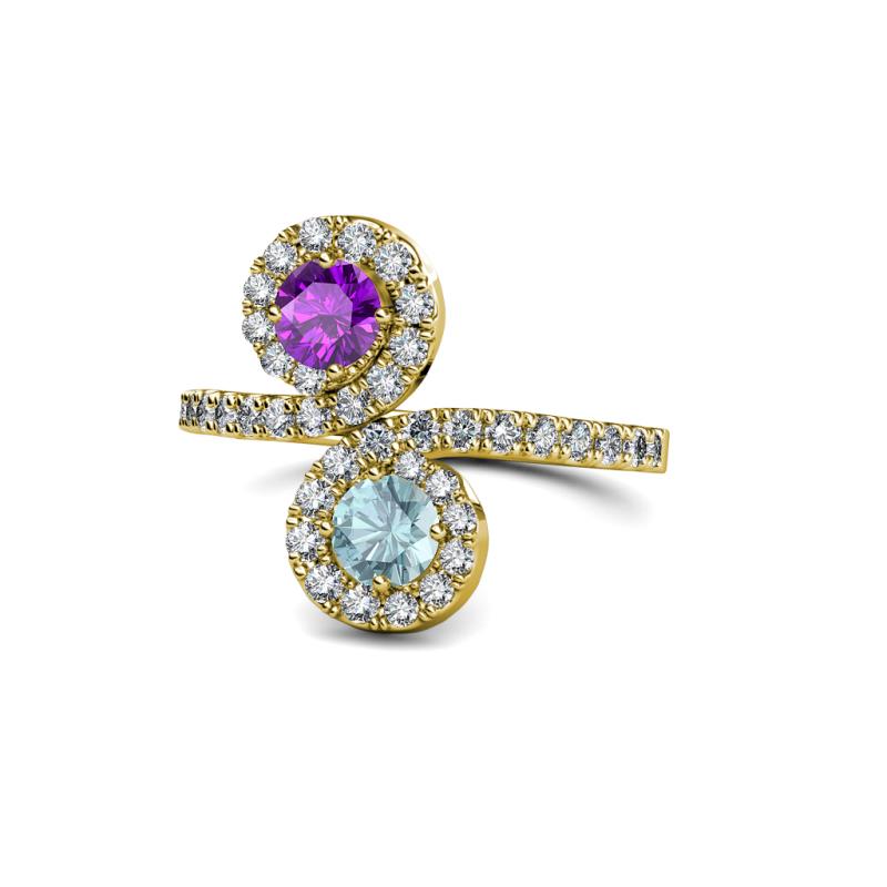 Kevia Amethyst and Aquamarine with Side Diamonds Bypass Ring 