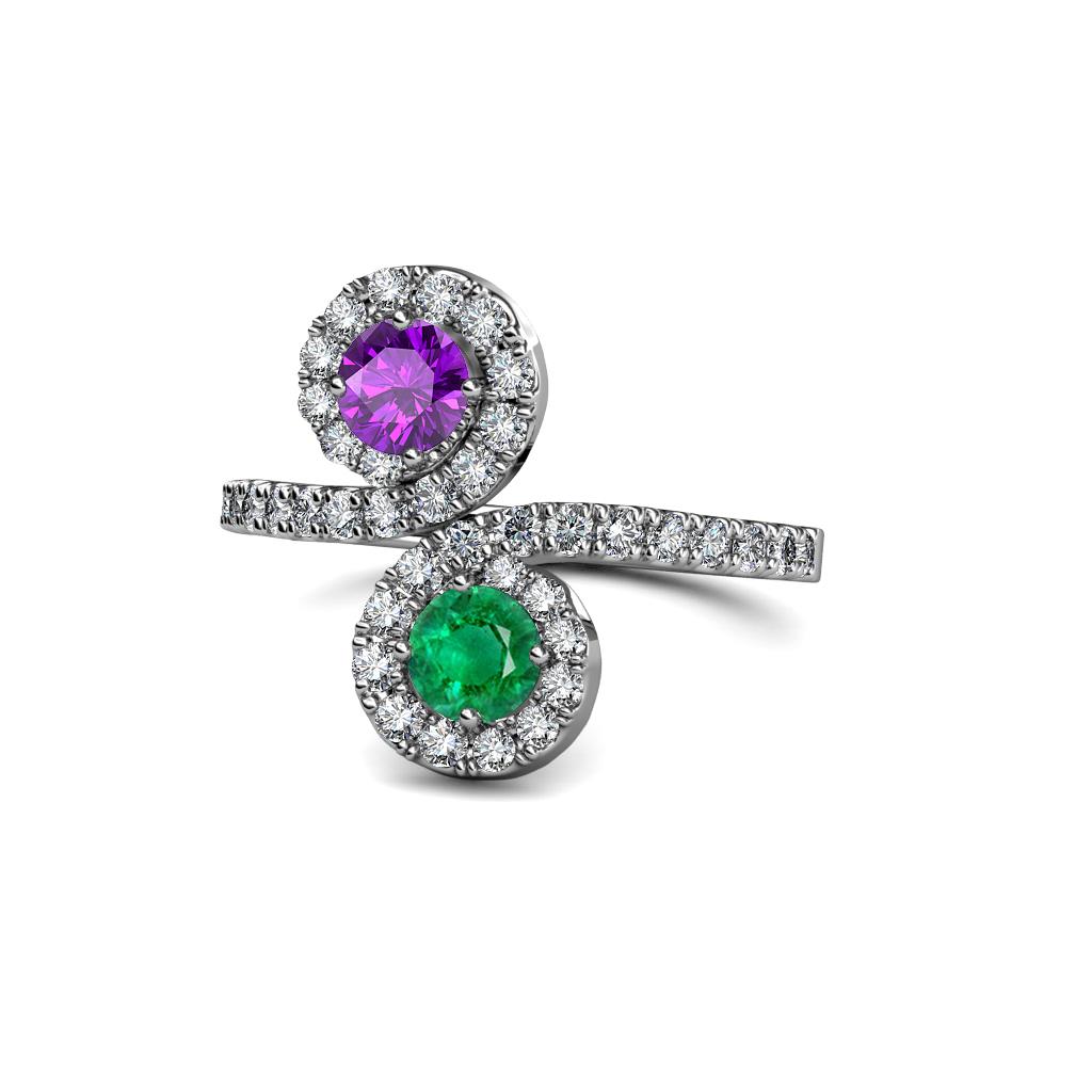 Kevia Amethyst and Emerald with Side Diamonds Bypass Ring 