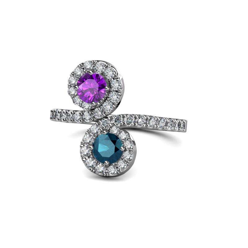 Kevia Amethyst and Blue Diamond with Side Diamonds Bypass Ring 