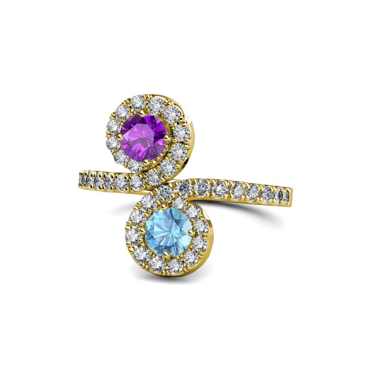 Kevia Amethyst and Blue Topaz with Side Diamonds Bypass Ring 