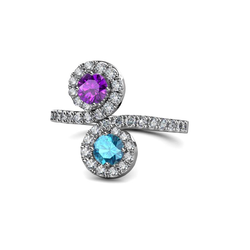 Kevia Amethyst and London Blue Topaz with Side Diamonds Bypass Ring 