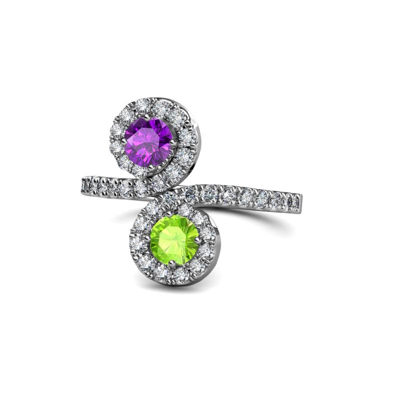 Kevia Amethyst and Peridot with Side Diamonds Bypass Ring 