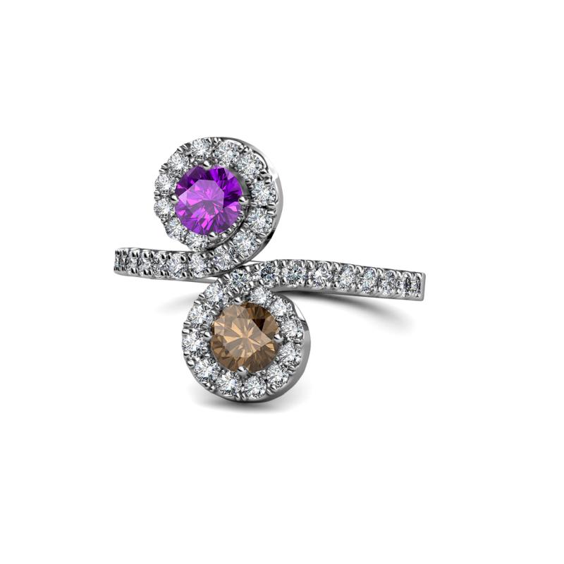 Kevia Amethyst and Smoky Quartz with Side Diamonds Bypass Ring 