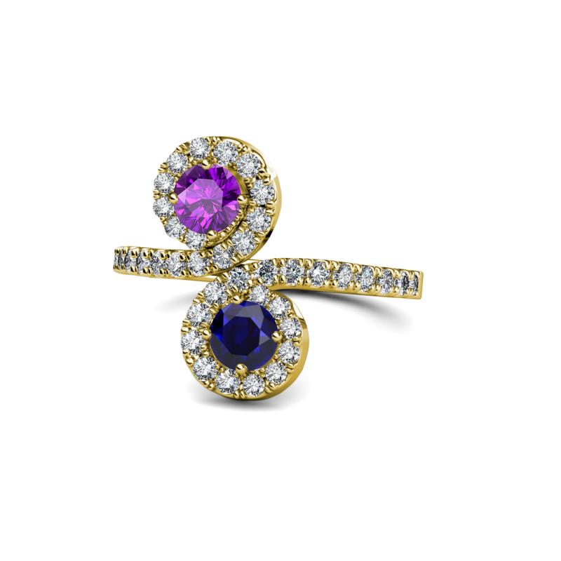 Kevia Amethyst and Blue Sapphire with Side Diamonds Bypass Ring 