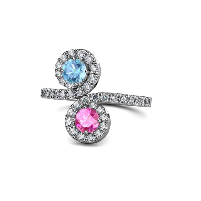Kevia Blue Topaz and Pink Sapphire with Side Diamonds Bypass Ring 
