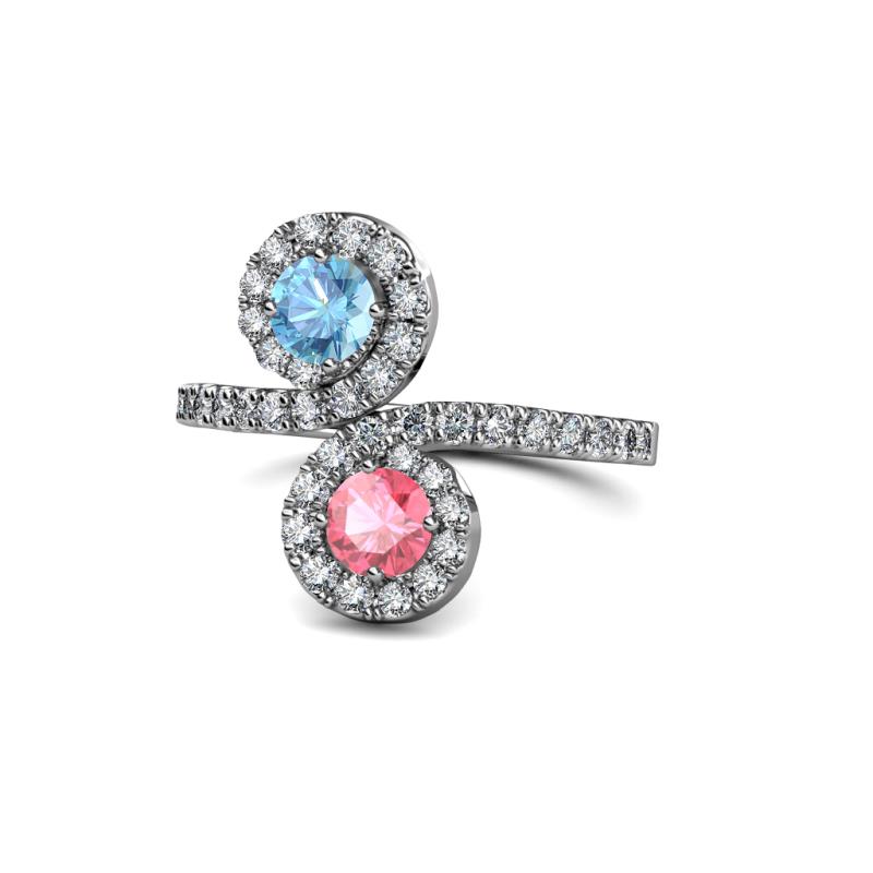 Kevia Blue Topaz and Pink Tourmaline with Side Diamonds Bypass Ring 