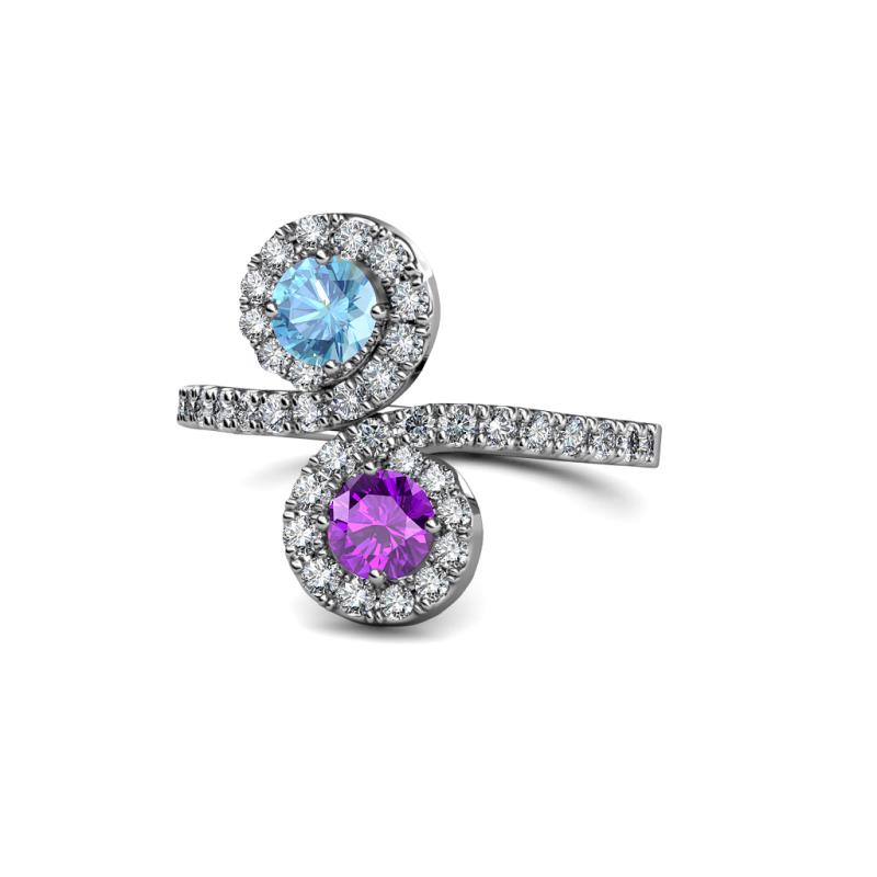 Kevia Blue Topaz and Amethyst with Side Diamonds Bypass Ring 