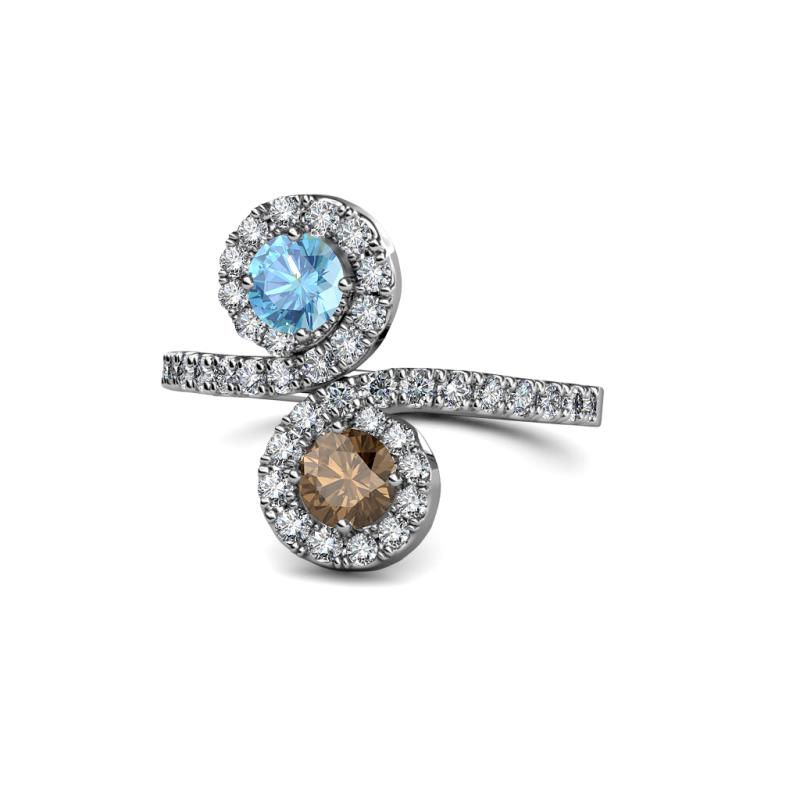 Kevia Blue Topaz and Smoky Quartz with Side Diamonds Bypass Ring 