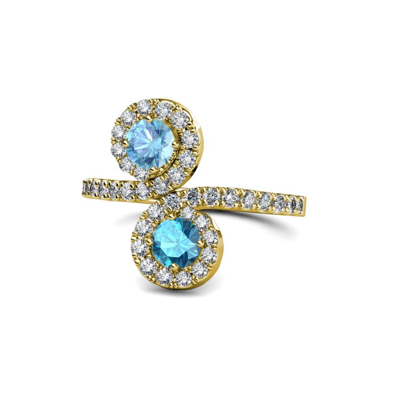 Kevia Blue Topaz and London Blue Topaz with Side Diamonds Bypass Ring 