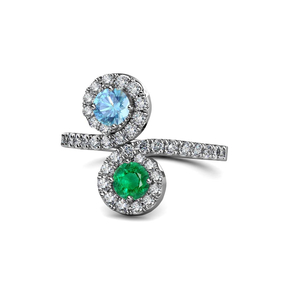 Kevia Blue Topaz and Emerald with Side Diamonds Bypass Ring 