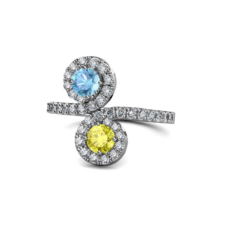 Kevia Blue Topaz and Yellow Diamond with Side Diamonds Bypass Ring 